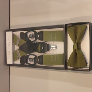 PACKAGE BUNDLE Olive Vico Button & Clip Convertible Suspenders bowtie included